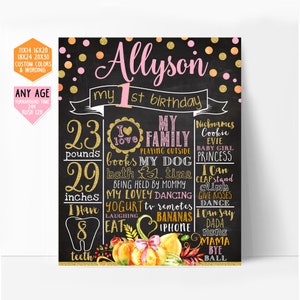 Pumpkin first birthday chalkboard sign, pink and gold birthday board, milestone sign, birthday stats poster, girl birthday, printable 001