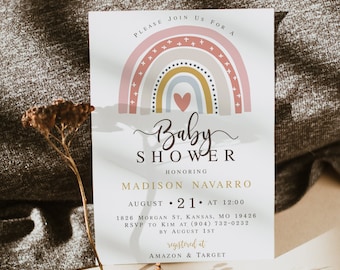 Editable Rainbow Baby Shower Invitation Printable, Boho Baby Shower Invitation Girl, Muted Earth tones, Bohemian Gender Neutral template