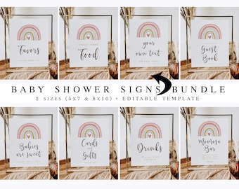 Boho rainbow Baby Shower Signs Bundle, Bohemian Signage Kit, Editable template, Girl Baby Sprinkle Package Printable, Instant download 013