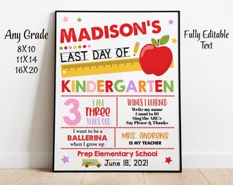 ANY GRADE Editable Last day of kindergarten sign printable, Personalized Last day of school photo prop, Graduation poster, Instant Download
