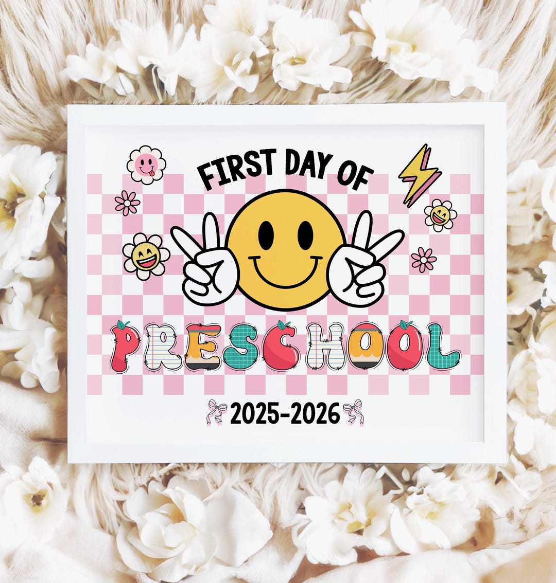 First Day of Preschool Sign Printable, Retro Groovy Smiley, Girls Back ...
