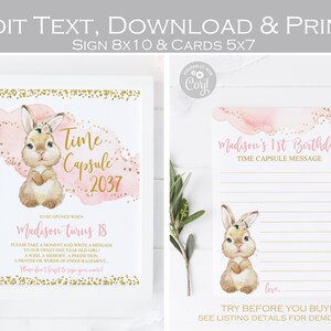 Sommige konijntjes zijn eenmalig capsuleteken en kaarten afdrukbaar, konijntje 1e verjaardagsfeestje, meisje baby shower wensen, blozen roze en goud, bewerkbaar