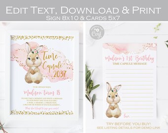 Some bunny is one time capsule sign and cards printable, bunny 1st birthday party, Girl Baby shower Wishes, blush pink and gold, Editable