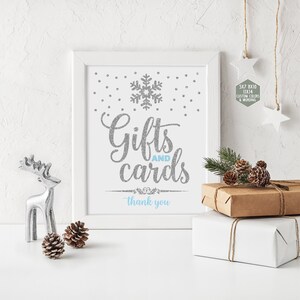 Cards and Gifts sign printable, winter onederland decorations, blue and silver first birthday party, winter wonderland baby shower boy 005