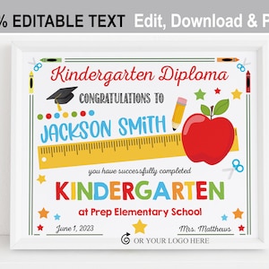 EDITIERBARE Kindergarten Abschlussdiplom druckbar, personalisierte Kinder Vorschule Zertifikat, Instant Download, PreK, Corjl Vorlage 8x10