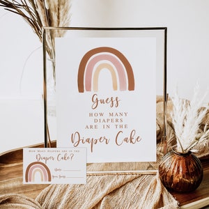 Boho Rainbow Indovina quanti pannolini ci sono nel segno e nelle carte della torta di pannolini Stampabile, Muted Rainbow Girl Baby Shower gioco Download istantaneo 014