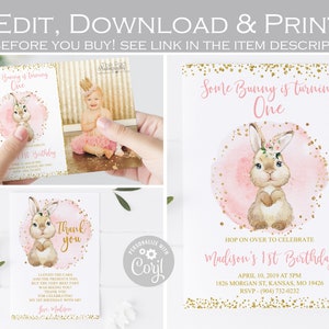 Bewerkbare Bunny verjaardagsuitnodiging, Sommige Bunny is één uitnodiging, Floral blush roze en goud 1e verjaardag, Bedankkaart, ELKE LEEFTIJD sjabloon
