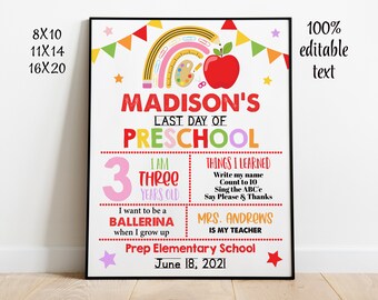 EDITABLE Último día de preescolar cartel imprimible, Arco Iris Fin del año escolar, Cartel de graduación de niñas, Último día de clases, Descarga instantánea