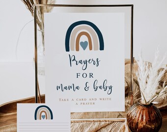 Prayers for Baby Sign and Note Cards Printable, Boho Blue Rainbow Baby Shower, Muted Earth tones Baptism Christening Instant download 022