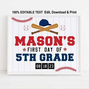 ANY GRADE Editable First day of school sign printable, Personalized Boy Back to school baseball sign, Digital file, Corjl template
