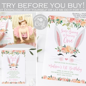 Invitación de cumpleaños editable de Bunny, un conejito es una invitación, invitación de 1er cumpleaños de Girl Easter, tarjeta de agradecimiento rosa melocotón CUALQUIER EDAD 002