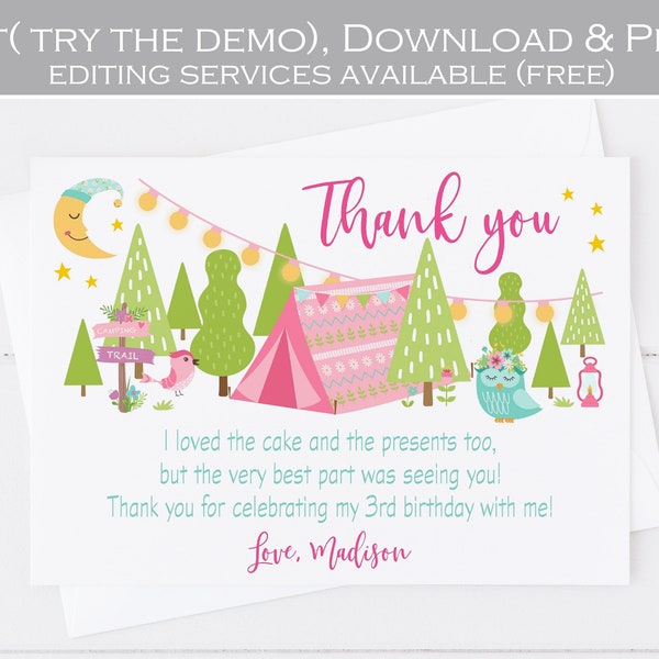 Editable Glamping Thank you card, Girl Camping thank you note, Slumber Party, Sleepover, Camp Out birthday party card, template Corjl