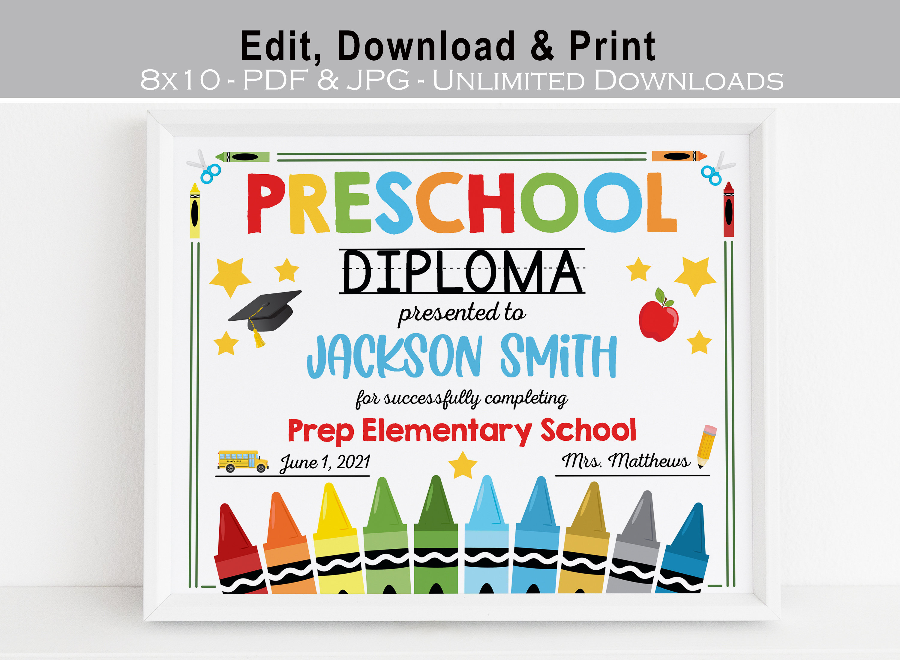 any grade editable preschool diploma printable personalized etsy
