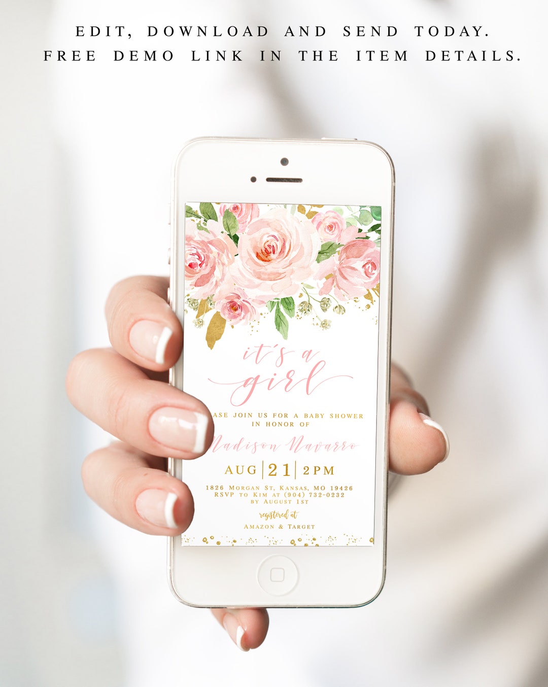 EDITABLE Electronic Baby Shower Invitation Girl, Mobile Phone Blush ...