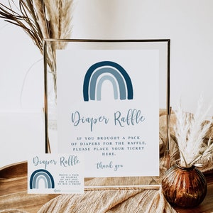 Boho Blue Rainbow Baby shower Diaper Raffle Sign and Tickets Printable, Boy Baby Shower Diaper Raffle Insert Cards Game Téléchargement instantané 020