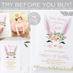 Bewerkbare Bunny verjaardagsuitnodiging, een of ander konijntje is één uitnodiging, Meisje 1e verjaardag uitnodigingsfeest, Bedankkaart, Roze goud ELKE LEEFTIJD 002