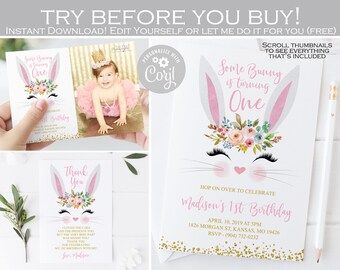 Editable Bunny birthday invitation, some bunny is one invitation, Girl 1st birthday invitation party, thank you card, Pink gold ANY AGE 002