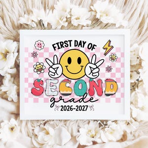 Cartello stampabile per il primo giorno di seconda elementare, accessorio fotografico "Groovy Smiley Girls Back to School", download digitale S8