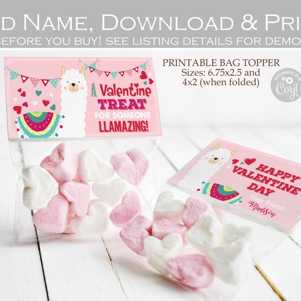 Llama Valentine's Day Treat Bag Toppers Printable, Valentines For Kids Classroom School favor tags Goody Bag Toppers Editable template Corjl