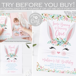 Bewerkbare Bunny verjaardagsuitnodiging, een konijntje is één uitnodiging, Meisje Pasen 1e verjaardagsuitnodiging, Bedankkaart, roze blauw ELKE LEEFTIJD 002