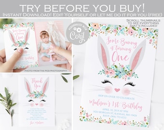 Editable Bunny birthday invitation, some bunny is one invitation, Girl Easter 1st birthday invitation, thank you card, pink blue ANY AGE 002