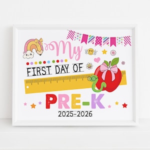First Day of Pre-K Sign Printable, Girls Back to School Photo Prop 2025-2026, Rainbow Apple Pink Bow Digital file Instant download S6