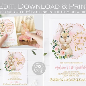 Bearbeitbare Bunny Geburtstagseinladung, Some Bunny ist eine Einladung, Floral Blush Pink und Gold 1. Geburtstag, Dankeskarte, JEDE ALTER Vorlage
