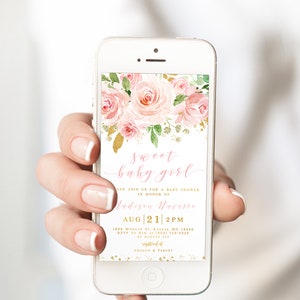 EDITABLE Electronic Baby Shower Invitation, Sweet baby girl, Mobile phone Blush Pink Gold Floral Evite Digital template Instant Download 010