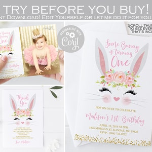 Bewerkbare Bunny verjaardagsuitnodiging, Sommige Bunny is een foto-uitnodiging, Pasen 1e verjaardagsfeestje Bedankkaart, roze en goud ELKE LEEFTIJD 002