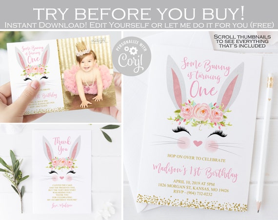 Editable Bunny birthday invitation, Some bunny is one photo invitation, Easter 1st birthday party thank you card, pink and gold ANY AGE 002