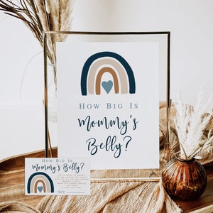 Boho Rainbow Quão grande é a barriga da mamãe, placas e cartões para chá de bebê, jogo para impressão, azul silenciado, chá de bebê para menino arco-íris, download instantâneo 022