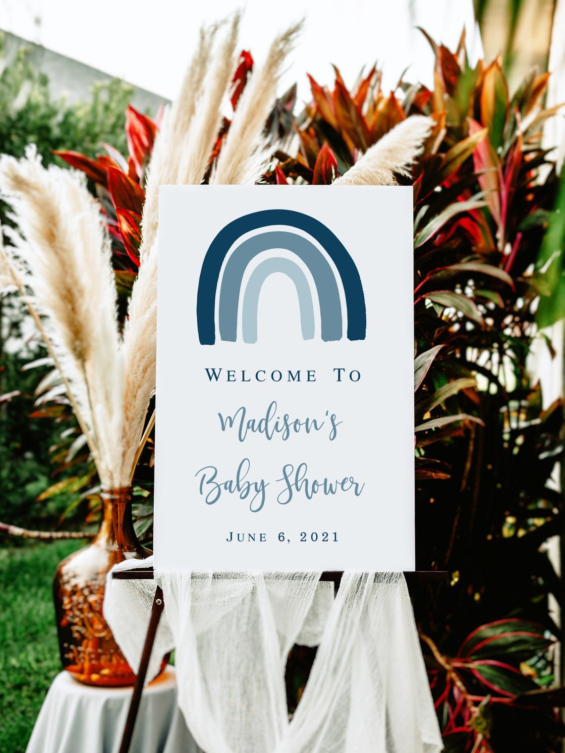 EDITABLE Boho Blue Rainbow baby shower welcome sign printable, Muted Rainbow 1st Birthday party poster, Instant download template 020