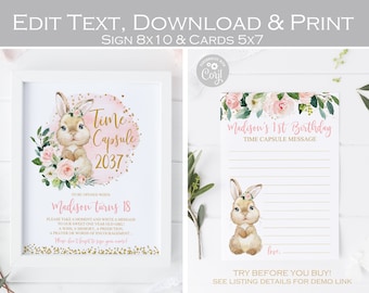 Some bunny is one time capsule sign and cards printable, Floral 1st birthday party, Girl Baby shower Wishes, blush pink and gold, Editable