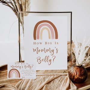 Boho Rainbow Quão grande é a barriga da mamãe Placas e cartões Jogo de chá de bebê para impressão, Silenciado Rainbow Girl Baby Shower Download instantâneo 014
