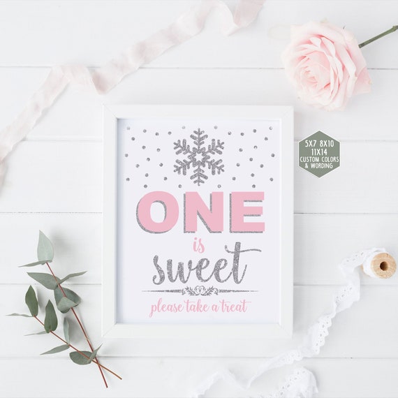 Floral blush pink and silver first birthday party sign One is sweet please take a treat table sign printable Winter onederland decorations