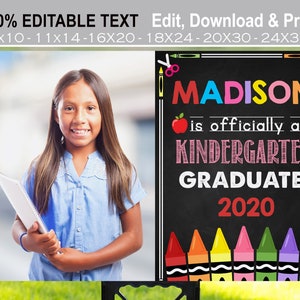 Editable Kindergarten graduation sign with photo, Girl Last day of school yard sign, Outdoor Banner Printable, Class of 2025 Preschool Pre-K