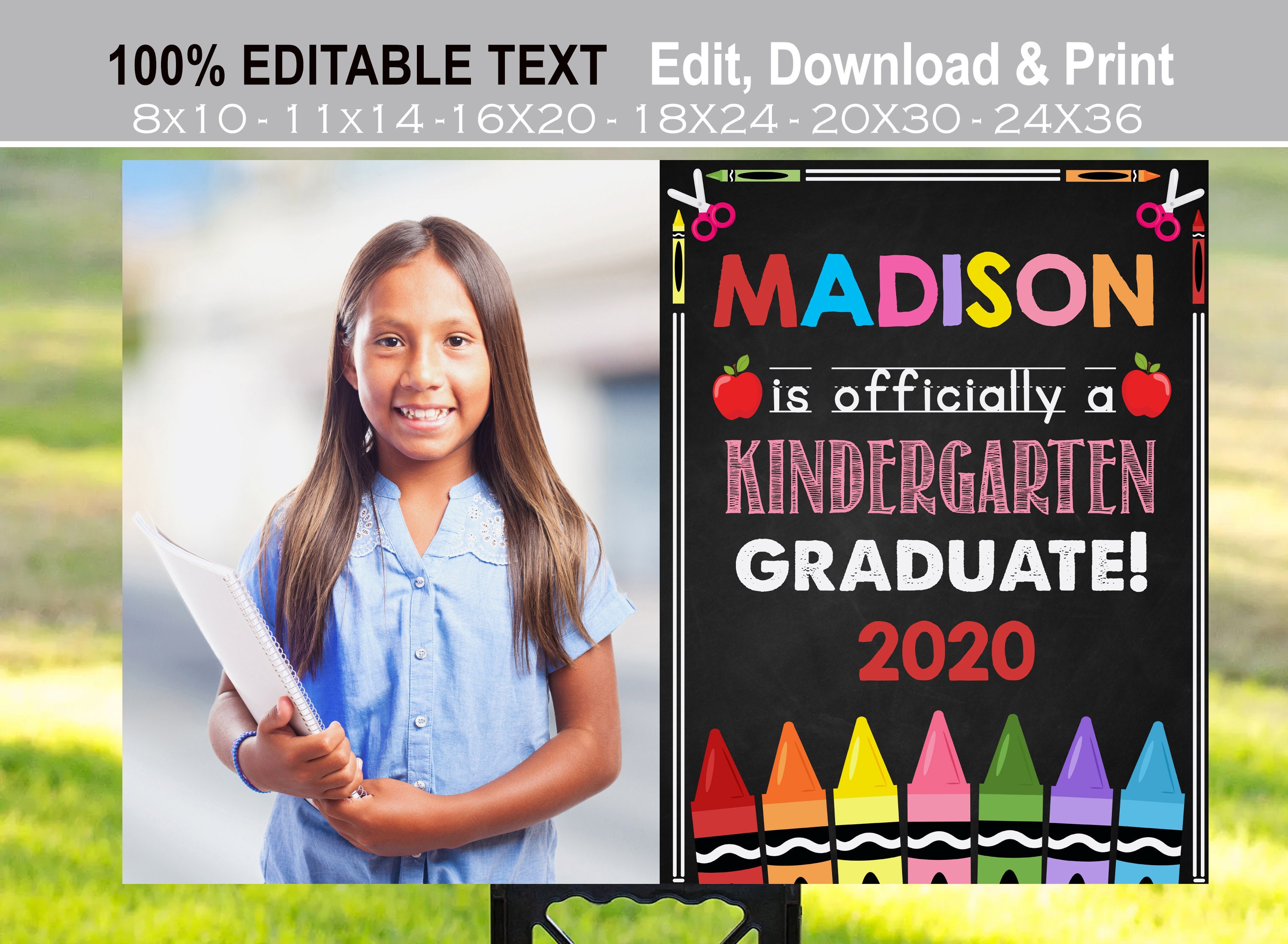 Editable Kindergarten graduation sign with photo, Girl Last day of school yard sign, Outdoor Banner Printable, Class of 2025 Preschool Pre-K