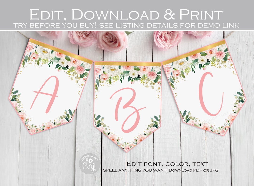 Editable Template, Floral Birthday Banner, Alphabet Banner, Blush Pink ...