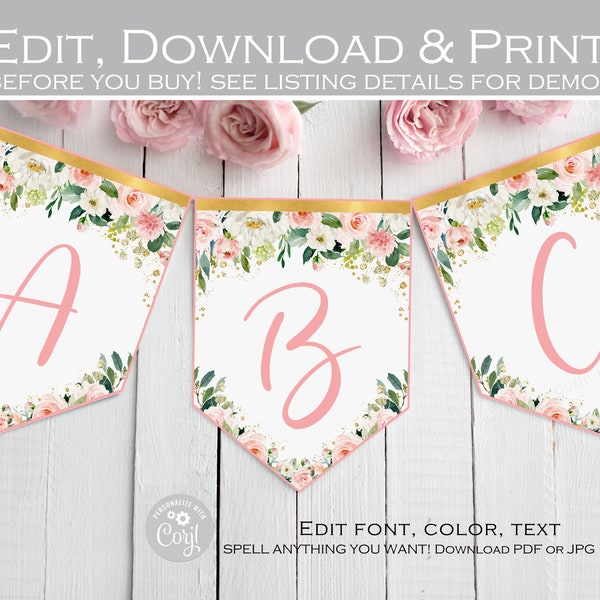 Editable Template, Floral birthday banner, Alphabet Banner, Blush pink and gold girl baby shower bunting, Wedding, Bridal shower party decor