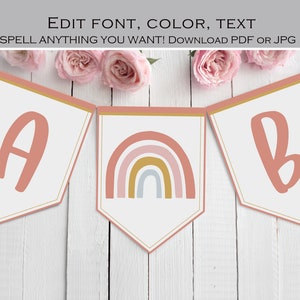 Bearbeitbare Vorlage Boho Rainbow Banner zum Ausdrucken, Mädchen-Babyparty, Muted Rainbow Happy Birthday-Partydekorationen, It&#39;s a Girl Girlande 024