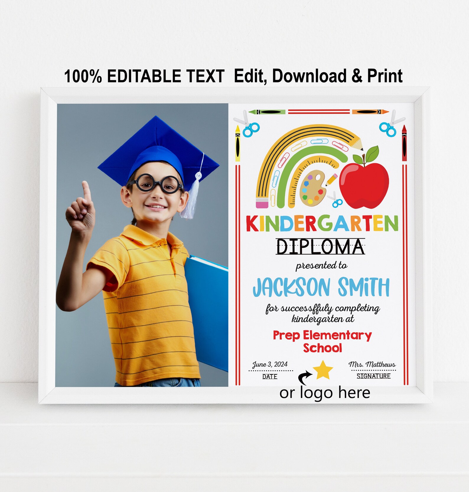 EDITABLE Kindergarten Diploma With Photo Printable Rainbow Personalized ...