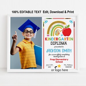 EDITIERBARE Kindergarten-Diplom mit Foto druckbare Regenbogen personalisierte Vorschul-Zertifikat Sofort-Download PreK Abschlussvorlage 8x10