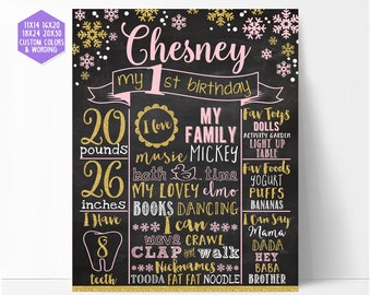 Winter onederland First birthday chalkboard sign, snowflakes pink and gold milestone board, birthday stats poster, printable file, 005