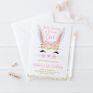 May include: A white bunny with pink ears and a pink flower crown is on a white invitation card. The text on the card reads "Some Bunny is turning One" and "Madison's 1st Birthday".