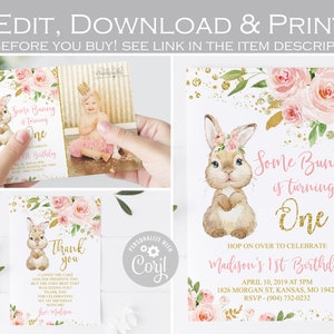Bearbeitbare Bunny Geburtstagseinladung, Some Bunny ist eine Einladung, Floral Blush Pink und Gold 1. Geburtstag, Dankeskarte, JEDE ALTER Vorlage