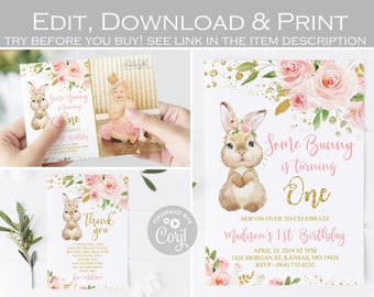 Editable Bunny birthday invitation, Some bunny is one invitation, Floral blush pink and gold 1st birthday, Thank you card, ANY AGE template