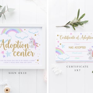 Unicorn Adoption Center Sign and Certificate printable, unicorn party favors, adopt a unicorn sign and cards, girl birthday party decoration