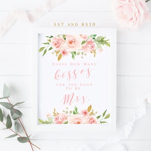 Raten Sie, wie viele Küsse für die bald zu sein Mrs Zeichen druckbare, Brautparty Spiel, erröten rosa Blumen Tischdekoration Sofortiger Download 010