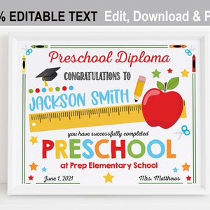 EDITIERBARE Vorschulabschlussdiplom druckbar, Junge personalisierte Kindergartenzertifikat, Sofortiger Download Pre-K Zeichenvorlage 8x10