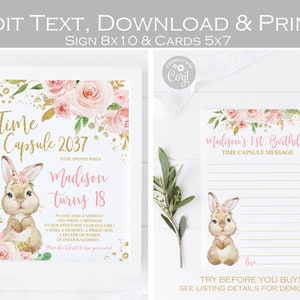 Alguns coelhos são uma cápsula do tempo, placas e cartões para impressão, festa floral de 1 ano, desejos de chá de bebê para meninas, blush rosa e dourado, editável
